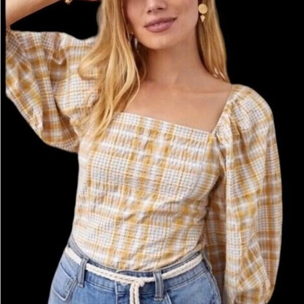 Anthropologie Yellow and White Plaid Puff-Sleeve Blouse